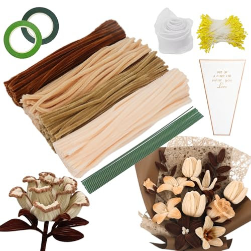 YSUVIN Pfeifenputzer Zum Basteln, 400 StüCk Pfeifenreiniger Blumen Set, 4 Farben Hautton Braun Pfeifenreiniger Zum Basteln Mit Blumendraht Zum Basteln, Blumen Staubblatt, Blumentasche für DIY Dekor