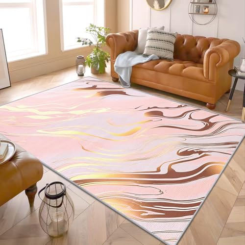 PaxGloz Marmor Teppich - Teppiche Wohnzimmer Schlafzimmer Marmor Optik Rosa, Kleiner Teppich Mädchenzimmer Rosa Und Gold, Weich Kurzflor & Waschbar & rutschfest Fussmatte Innen, 80x150 cm