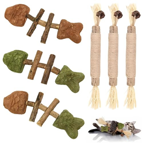 DBAILY 6 Stück Katzenminze Spielzeug, 3 katzenminze Sticks, 3 Katzen Kauhölzer Sticks, für Katzen Zahnpflege & Gegen Mundgeruch, Katzenspielzeug, Katzen Zahnpflege