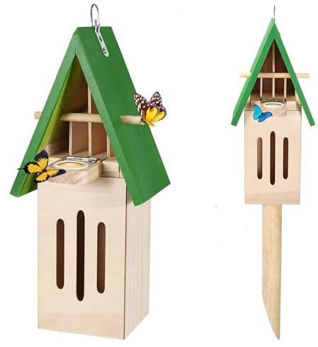 Maison à papillons et distributeur de nourriture pour le jardin, hôtel à insectes résistant aux intempéries avec piquet en bois, maison à bourdons, à suspendre au mur ou à l'arbre