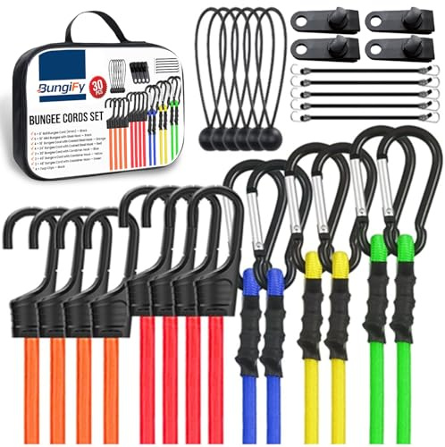 BungiFy Heavy Duty Bungee Cords with Hooks, 30-Piece Bungee Cord Set | Multi-Length, UV Resistant, Double Braided, Bungee Straps, Camping & Storage - Versatile Use, Durable & Weather-Resistant