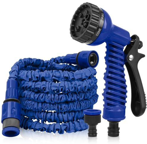 GAOHUI 15M Expandable Garden Hose Pipe with 7-Function Spray Gun - Flexible PVC Water Hose, Expandable Hose Pipe for Outdoor & Garden Watering, Car Washing & Patio Cleaning (Blue, 50FT)