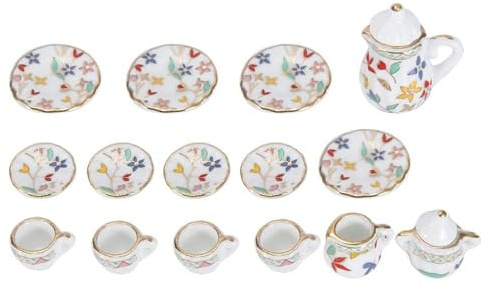 EMASDGEY Lot de 15 mini théières, tasses, assiettes, accessoires de cuisine, maisons de poupée 1:12 en porcelaine, mini théière, tasse et assiettes