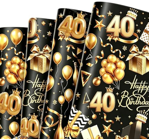 5 Stück Geschenkpapier Geburtstag Schwarz Gold für Männer Frau,70x50cm Birthday Gift Wrapping Paper, Geschenkpapier 40. Geburtstag mit 5M Geschenkband für 40.Geburtstage Party Geschenk Deko