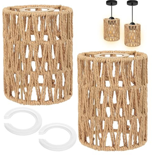 2 Stück Rattan Lampenschirm Hängelampe, Lampenschirm Boho Lampenschirme | für Hängelampen, H 15cm Lampshades, Korbgeflecht Lamp Shade, Papierlampenschirm für Tischlampe Stehlampe, mit 2 Adapterringe