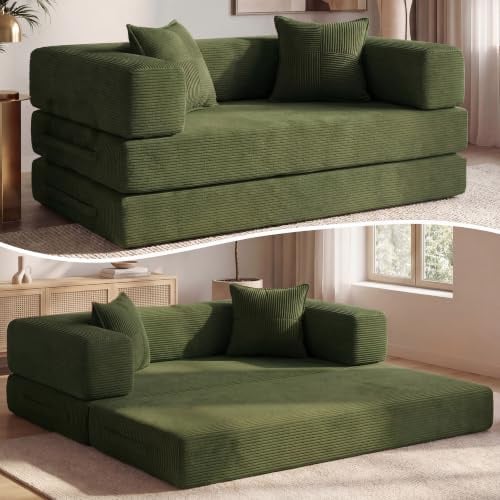 Vipbear Cordstoff Schlafsofa 200×100×70cm, 5-in-1 Umwandelbares Bodensofa aus Kord, Hochdichter Schaumstoff, Haustierfreundlich & Ergonomisch, Keine Montage, Grün