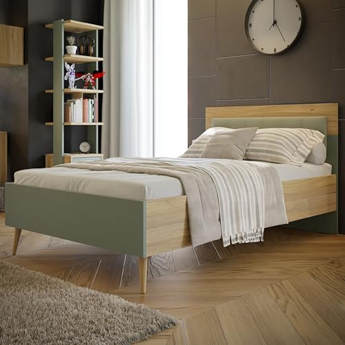 Forte WHENUA Bett 120 x 200 cm, Mid-Century-Modern Bettgestell mit Polsterkopfteil und hohen Möbelbeinen, Holzwerkstoff, Mauvella Eiche/Salbei, 127,4 cm breit x 99,5 cm hoch x 206,8 cm tief