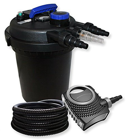 WilTec Kit Complet: CPF-250 Filtre de Bassin à Pression Jusqu’à 10000 L avec 11W Lampe UV, NEO8000 SuperEco Pompe de Filtration 8000l/h 70W, 25m Tuyau 25 mm (1)
