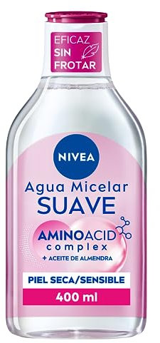NIVEA Agua micelar Suave para Piel Seca/Sensible (1 x 400 ml), desmaquillante para limpieza facial con aceite de almendras, desmaquillador de ojos y rostro