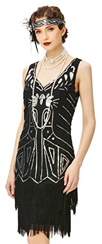BABEYOND Damen Retro 1920er Stil Flapper Kleider mit Zwei Schichten Troddel V Ausschnitt Great Gatsby Motto Party Kostüm Kleider- Gr. M (Fits 78-88 cm Waist & 96-106 cm Hips), Schwarz