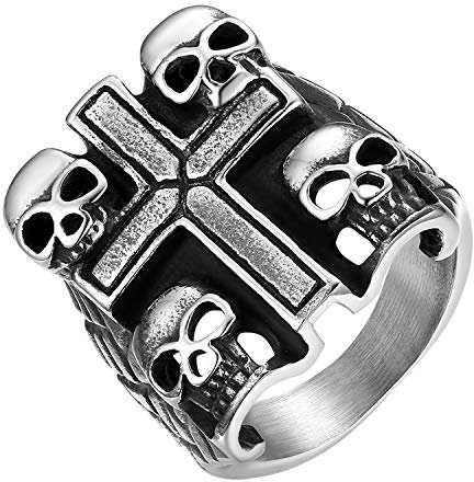 JewelryWe Totenkopf Kreuz Ring Herren: 23mm Breit Edelstahl Herren-Ring Gothic Punk 4 Schädel mit Kreuz Siegelring Männer Halloween Fingerring Biker Ring Band Silber Größe 59