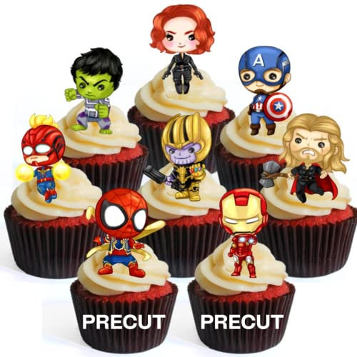 24 PRECUT Superhero Mix Edible Cupcake Toppers - Stand Up Wafer Cake Decorations (Set 1)