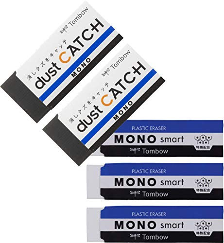 Tombow MONO Smart Radierer extra thin 3er Pack + dust CATCH Radierer rückstandslos 2er Pack (Eco-Pack)