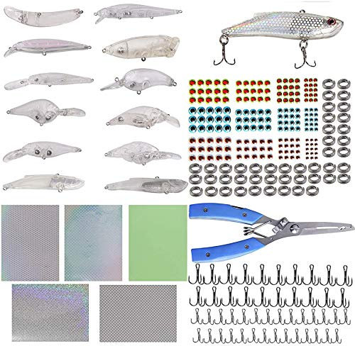 291pcs Unpainted Fishing Lures Blank Crankbaits Minnow Hard Baits Kit Contains Pliers, Treble Hooks, Split Rings, Lure Sticker, 3D Eyes, DIY Bodies for Bass, Trout, Salmon