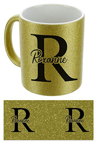 Hairyworm Personalised Mug and Belgian Milk Hot Chocolate Stirrer Marshmallow Gift Set, Customised with Name/Initials, Ceramic 11oz Gold, Silver, Blue, Pink Glitter Mug with Black Initial Name Design