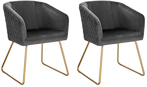 WOLTU BH271dgr-2 Lot de 2 chaises de salle à manger, de cuisine, de coiffeuse, de salon, avec accoudoirs, assise en velours, pieds en métal doré, gris foncé