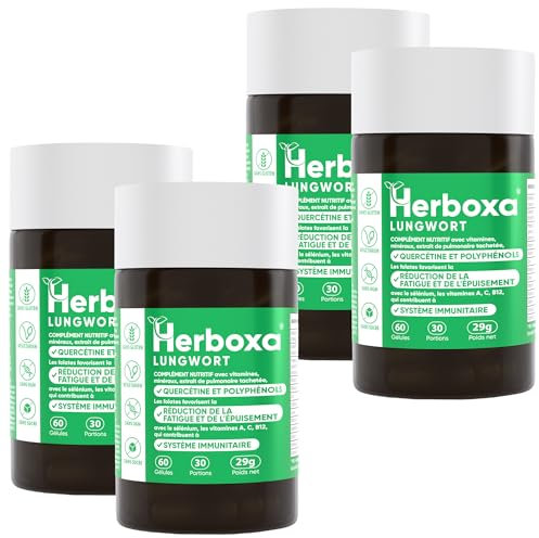 Herboxa Lungenkraut Mehrere Packungen (4 Stück) - mit geflecktes Lungenkraut - Enthält Folsäure, die Müdigkeit und Erschöpfung reduziert, Vitamin C, Quercetin, ProG-Phen - 60 Kapseln
