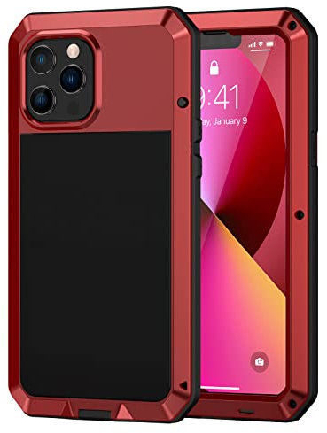 Lanhiem Heavy Duty Case for iPhone 13 Pro Max Shockproof Cover Tough Armour Metal Case with [Tempered Glass Screen Film], 360 Full Body Protective Case Cover for iPhone 13 Pro Max - Red