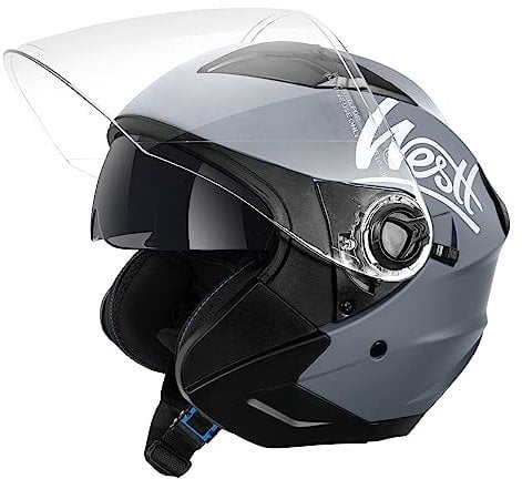 Westt Jethelm mit Visier und Sonnenblende Motorradhelm Herren Damen Rollerhelm Mopedhelm Mofa Chopper Helm Motorrad Halbhelm Open-Face-Helm Pilotenhelm ECE DOT Zertifiziert