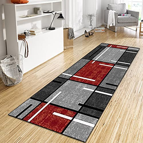 WTHYGB Teppich Läufer Flur Küche 100x350 cm, Modern rutschfest Waschbar Küchenläufer Flurläufer, Lang Polyester Plaid Grau und Rot Teppichläufer für Korridor, Schlafzimmer, Innen Wohnzimmer