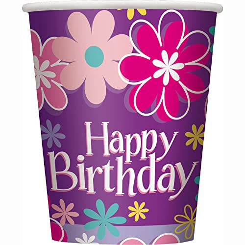 Unique- Gobelets en Carton Fête à Thème Anniversaire Fleur-Paquet de 8, 82212, Multicolour, 8 Unité (Lot de 1)