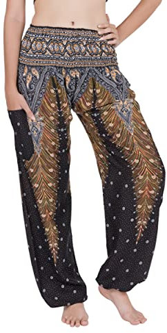 CHAINUPON Haremshose Frauen Boho Lose Yoga Hosen Casual Bohemian Hippie Lounge Elefant Pyjama Hose, Schwarzer Pfau, 42-48 Große Größen