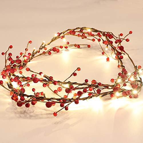 Rhytsing Set mit 2 roten Beerenzweigen, beleuchtete Girlande mit 30 LED-Lichtern, batteriebetriebene Lichterkette mit Timer-Funktion für Weihnachtsmantel, Dekoration, 1,5 m