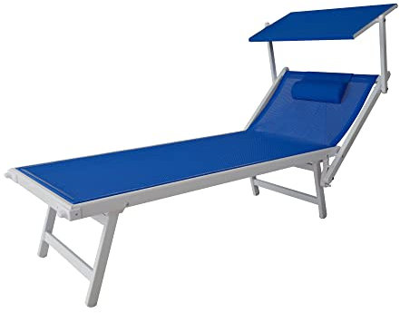 Tempo Style - Lettino Mare Professionale in Alluminio L-Mediterraneo | Pieghevole con Tetto Parasole, Rivestimento in Textilene, Ideale per Spiaggia, Piscina e Giardino (Blu/Bianco)