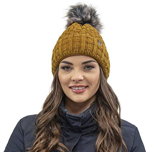 VIVISENCE Wintermütze Mit Bommel Damen Perfekte Passform Warmes Bommelmütze Herbst Frauen Mütze Für Winter Aufgerolltem Design Für Extra Wärme Ideal Für Kalte Wintertage, Dunkelgelb,Einheitsgröße