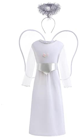 Lito Angels Deguisement Costume Robe de Ange avec Ailes at Auréole pour Enfant Fille Taille 4-12 ans, Blanc