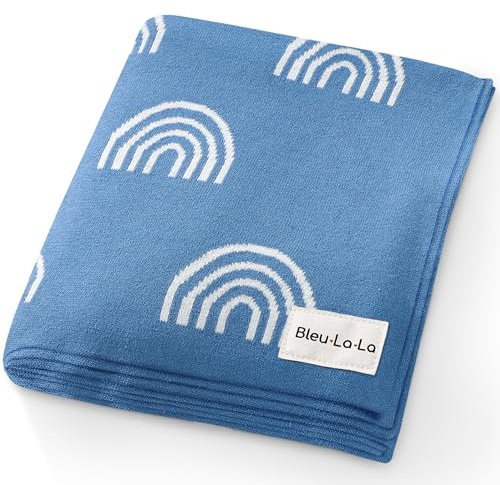 Bleu La La Empfangs Babydecke - 100% Luxuriöse Weichbaumwollstrick Warme Gemütliche Kuscheldecke für Kinderwagen und WiegePuckdecke für Neugeborene Säuglinge und Kleinkinder (Regenbogen - Blau)