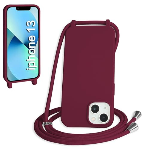 WenBaby Funda con Cuerda para iPhone 13, Líquida Silicona Carcasa con Cordón Ajustable Collar Correa de Cuello, Cubierta Prueba Golpes con Microfibra Forro (Rojo)