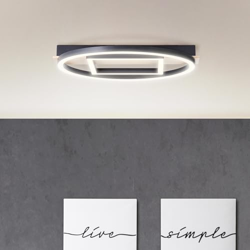 Lightbox LED Profil Deckenlampe - 37 x 37 cm - moderne Deckenleuchte mit Holzbalken & warmweißer Lichtfarbe (3000 K) - Helligkeit: 2500 lm - 24 W - aus Metall/Kunststoff/Holz - in Schwarz/Braun