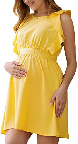 Dreeses Jaunes pour Femmes Enceintes Manches à Volants Solide bébé Douche Robe mi-Longue maternité Premama vêtements pour Femmes Enceintes