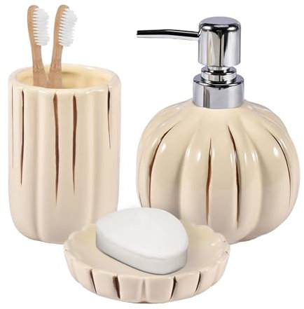 Badezimmer Zubehör 3 Teile, lustige Kürbis Badezimmer Deko, Keramik Badezimmer Set - Zahnbürstenhalter, Seifenspender, Seifenschale, Badezimmer Organizer