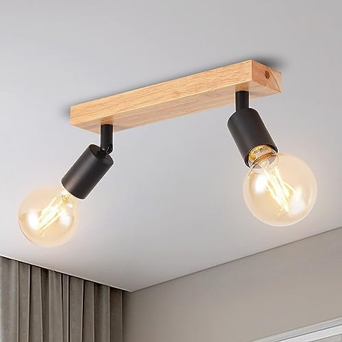 ANWIO LED Deckenstrahler Schwarz Holz Deckenstrahler 2 Flammig Deckenlampe E27 Deckenleuchte LED deckenlampe schwarz Vintage Wandlampe für Wohnzimmer Schlafzimmer Küche kinderzimmer Ohne Leuchtmittel