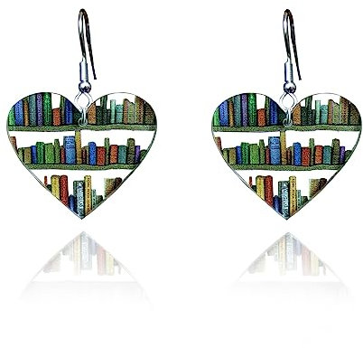 Bookcase Dangle Earrings for Women Teardrop Dangle Earrings with Book Shelves Patterned Acrylic Gifts for Women Girls (heart)