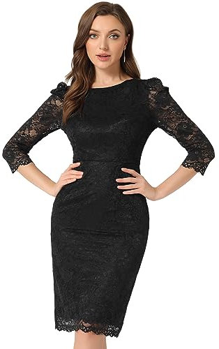 Allegra K Women's Elegant Lace Floral Midi Dresses Crew Neck 3/4 Sleeve Bodycon Wedding Guest Cocktail Dress Black S