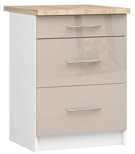 AKORD | Küchenschrank mit Arbeitsplatte - Oliwia S60 | Küchenunterschrank mit 3 Schubladen | Unterschrank Küche 60 cm Breit | ABS-Kante 18 mm | 46 x 60 x 85 cm | Weiß | Cappuccino Glanz