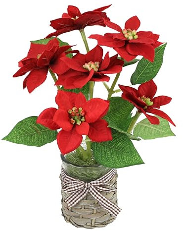 Flair Flower Künstliche Blume Poinsettia im Topf Weihnachtsstern Christstern Weihnachtsdeko Weihnachtsblume Kunstblume Weihnachtliche Einzelblume Zweig X'Mas Strauß Geschenk Deko Adventsstern