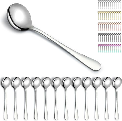 Kyraton Soup Spoons 12 Pieces, Stainless Steel Round Stainless Steel Bouillon Spoons, Table Spoons, Dinner Spoons, Dishwasher Safe