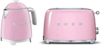 Smeg 50’s Style Retro Range Breakfast Set, 0.8L 1400W Mini Kettle and Multi-Functional Control 2-Slice 950W Toaster, Pastel Pink, KLF05PKUK/ TSF01PKUK