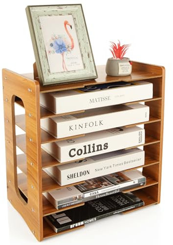ASelected 7-Tier Wood Desk Organiser A4 Paper Holder Wooden Desk File Organiser For Home Office School(Cherry Wood)
