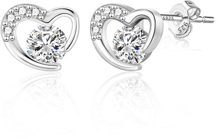 Sterling Silver Heart Stud Earrings - Small, Hypoallergenic with Cubic Zirconia
