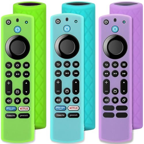 Pinowu Silikon-Schutzhülle für Fernbedienung (leuchtet im Dunkeln) für Fire TV Stick 4K Max/Insignia/Pioneer/Omni (QLED) Serie Alexa Voice Remote Enhanced mit Umhängeband (Grün + Türkis + Lila)