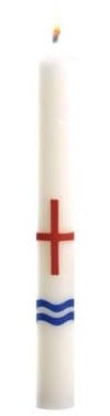 Wiedemann Kerzen Taufkerze 300 x Ø 35 mm in Elfenbein Kreuz in rot mit Wellen in blau und Namensverzierung