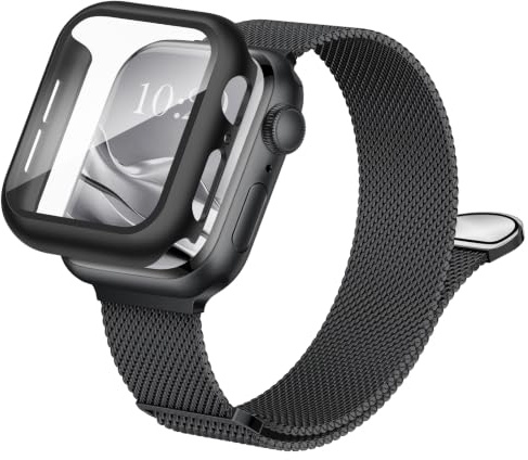 Raradev 3-in-1 Compatible with Apple Watch Metal Straps 44mm with Case & Screen Protector, Dual Magnetic Replacement Band and Protective Cover with 9H Tempered Glass for iWatch SE Series 6/5/4, Black