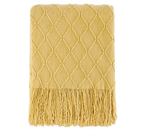 BOURINA Textured Solid Soft Sofa Throw Couch Cover Knitted Decorative Blanket,Mustard, 127x228cm