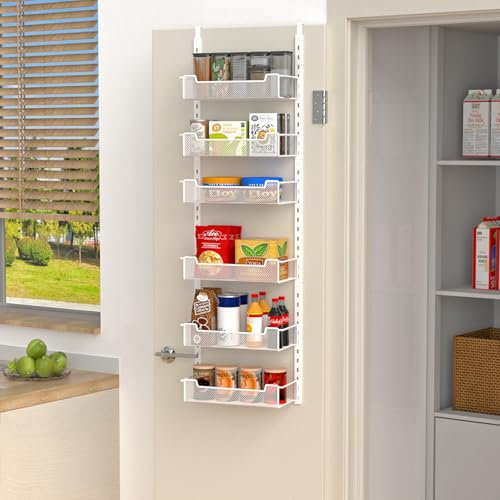 VyGrow 12.3 W Over Door Storage, 6-Tier Narrow Over the Door Pantry Organizer with Adjustable Basket, Pantry Kitchen Storage Room Spice Rack, White