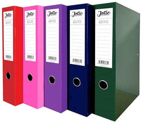 Pack of 5 Assorted Foolscap A4 Box Files with Document Clip & Push Lock 75mm Spine Glossy Cover Paperwork Document Organiser for Office School Uni